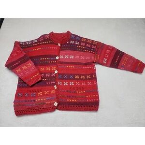 Vintage‎ Amano Floral Cardigan Sweater 100% Wool Hand Knitted Women's One Size